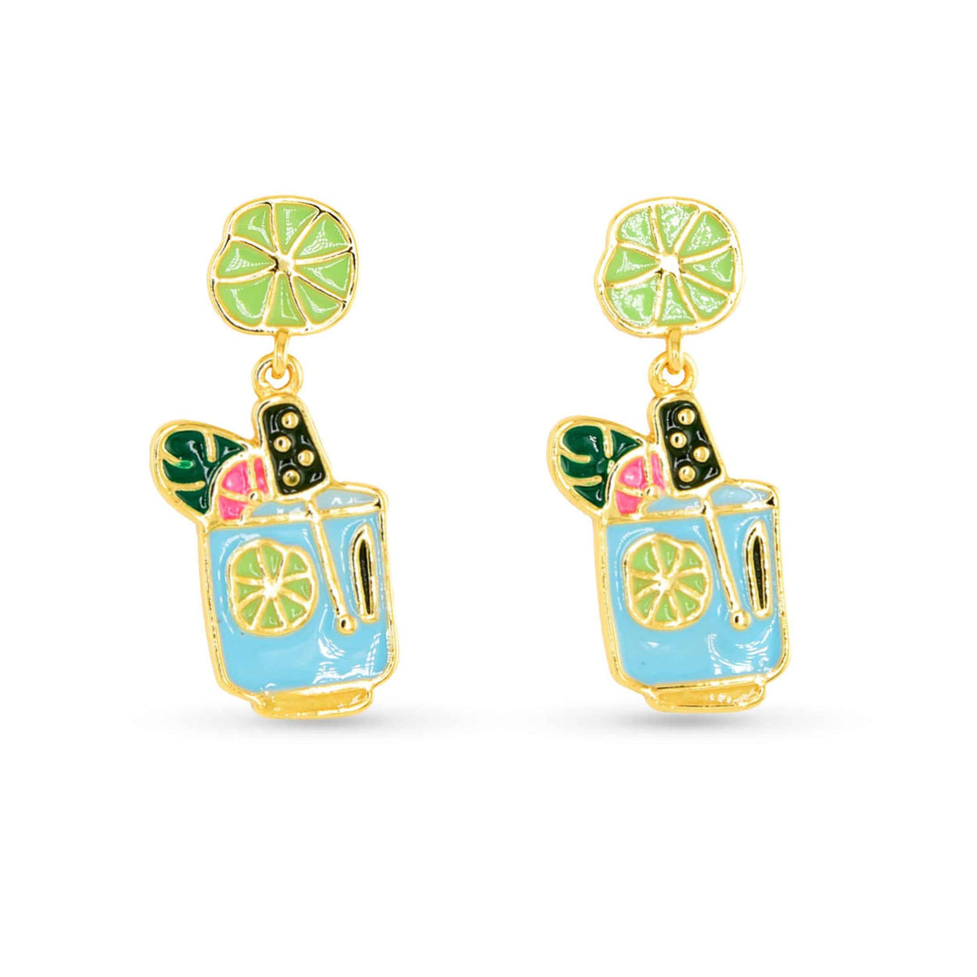 Gold Enamel Blue Cocktail Earrings ABC926