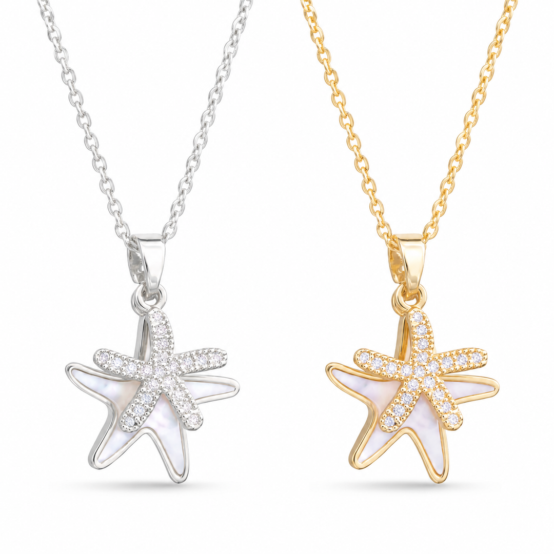 Mother of Pearl and CZ Double Starfish Necklace  ABC926