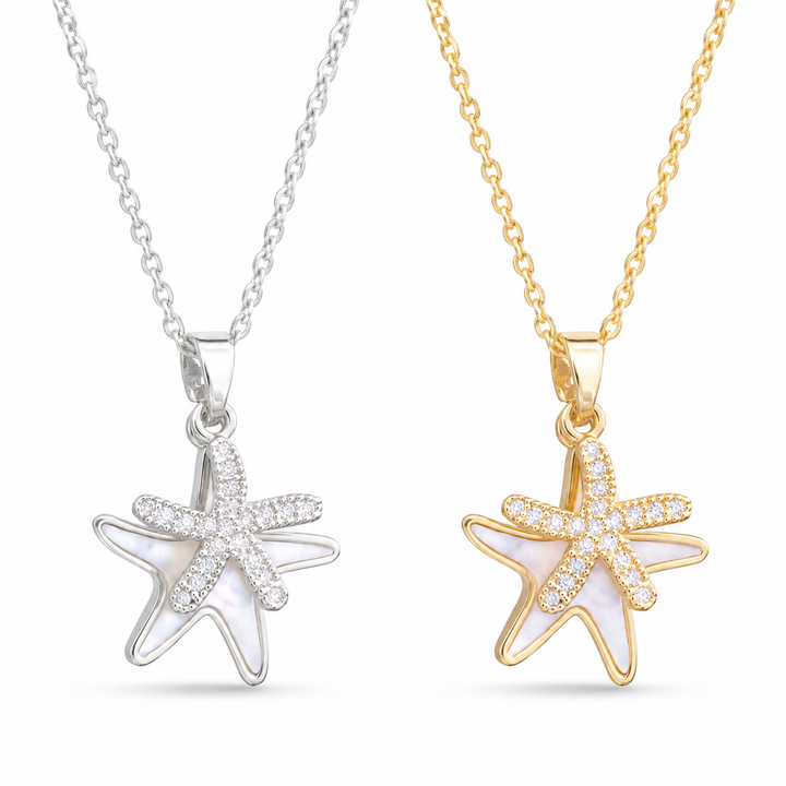 Mother of Pearl and CZ Double Starfish Necklace  ABC926