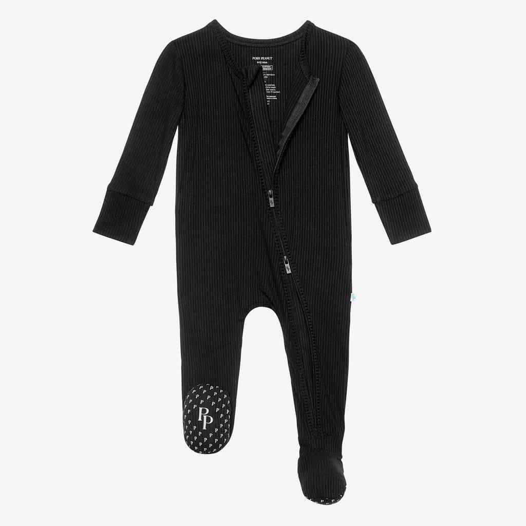 Solid Ribbed Black Footie Zippered One Piece PPN