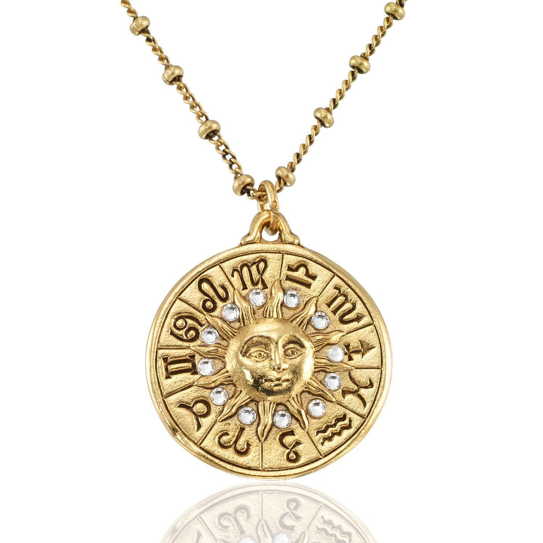Celestial Zodiac Sun Medallion Astrology Crystal Necklace AKD926