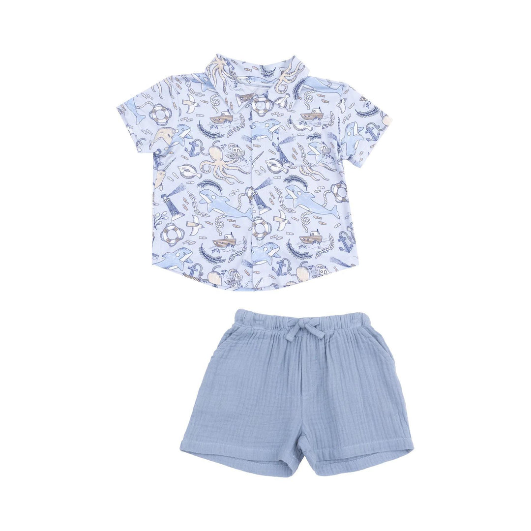 Nautical Notebook Button Down Bamboo Polo and Muslin Short Set ANG325