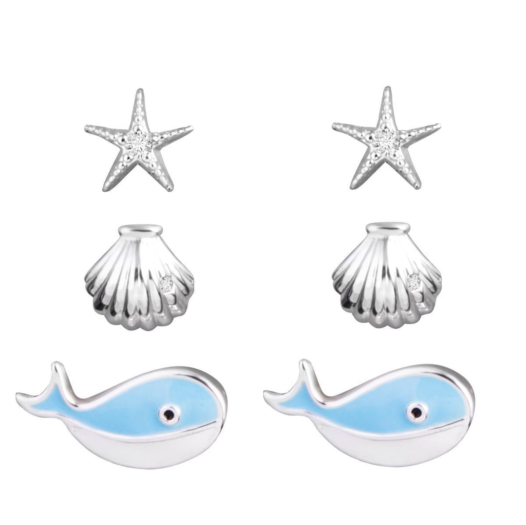 Whale, Starfish, & Shell Trio Post Earring Set - Silver ABC526