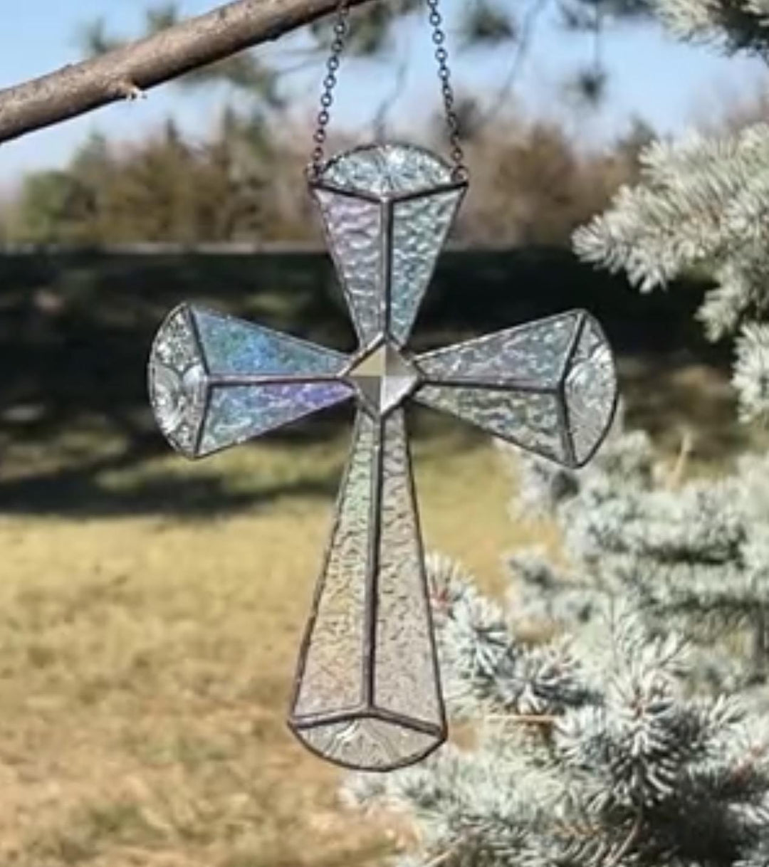 Clear Iridescent Stained Glass Cross Ornament DEV1026