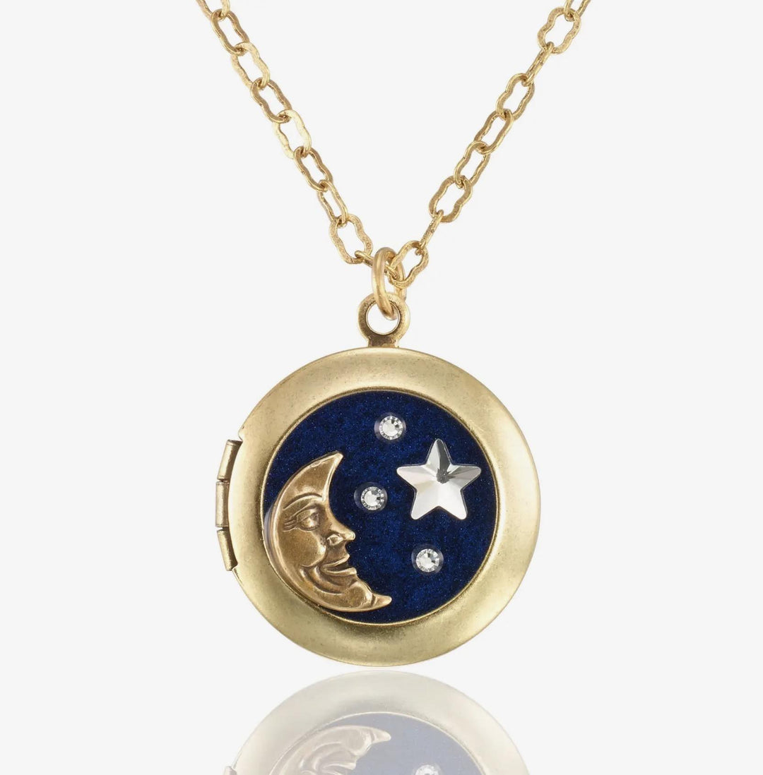 Celestial Night Sky Moon and Stars Crystal Locket Necklace AKD526