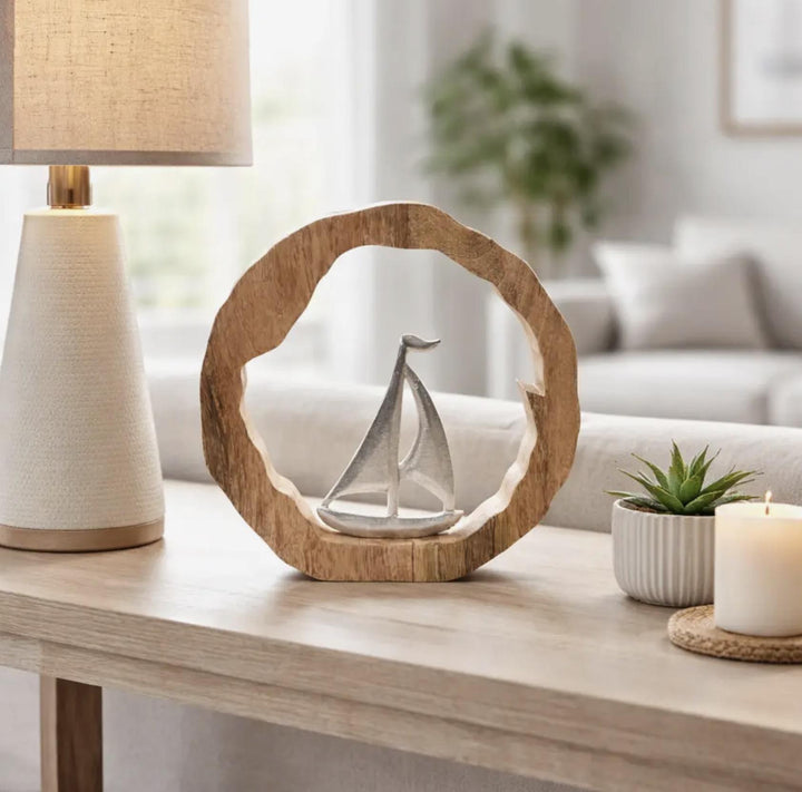 Brown Natural Wood Round Sailboat SAG626