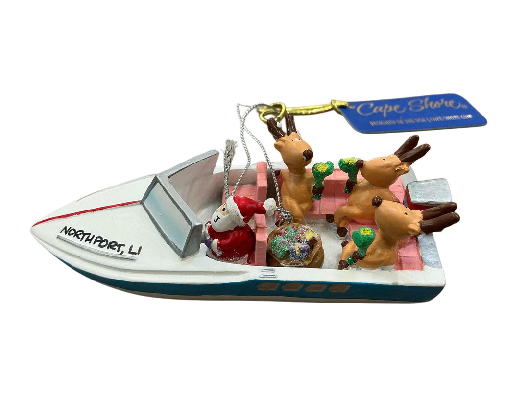 Northport, LI Santa & Reindeer Speedboat Ornament CPS1025