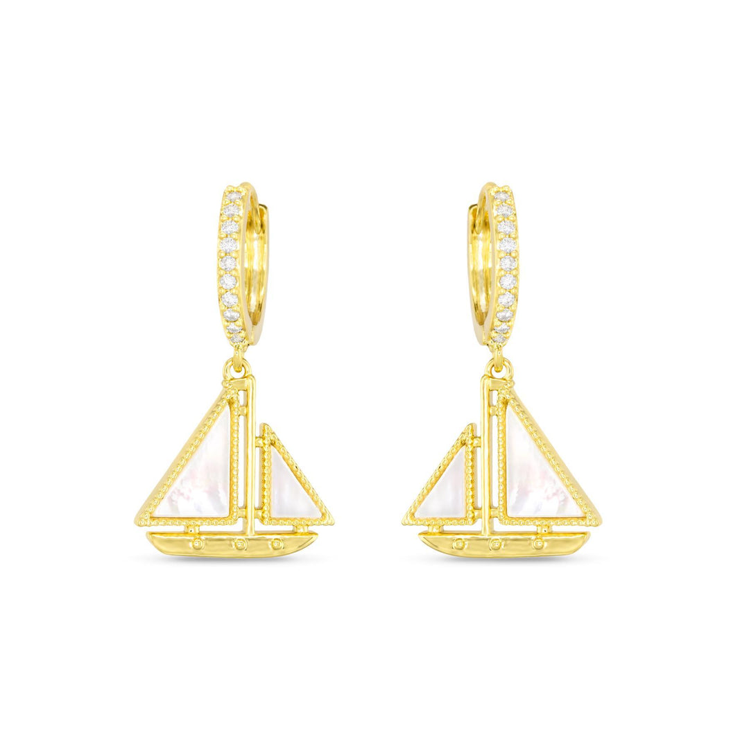 Gold CZ & Mother of Pearl Sailboat Earrings ABC526
