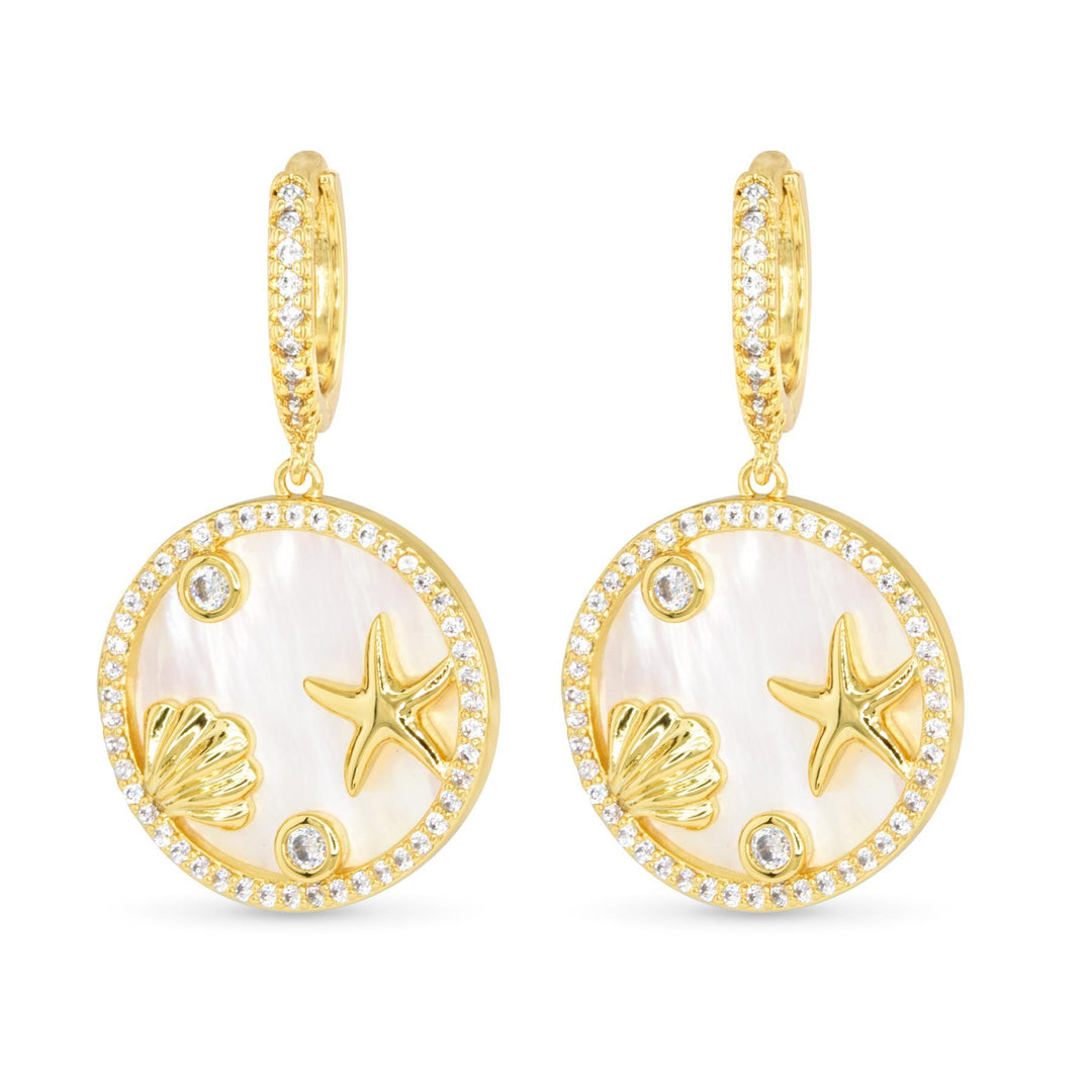 Gold CZ & Mother of Pearl Coastal Disk Hoop Earrings ABC526