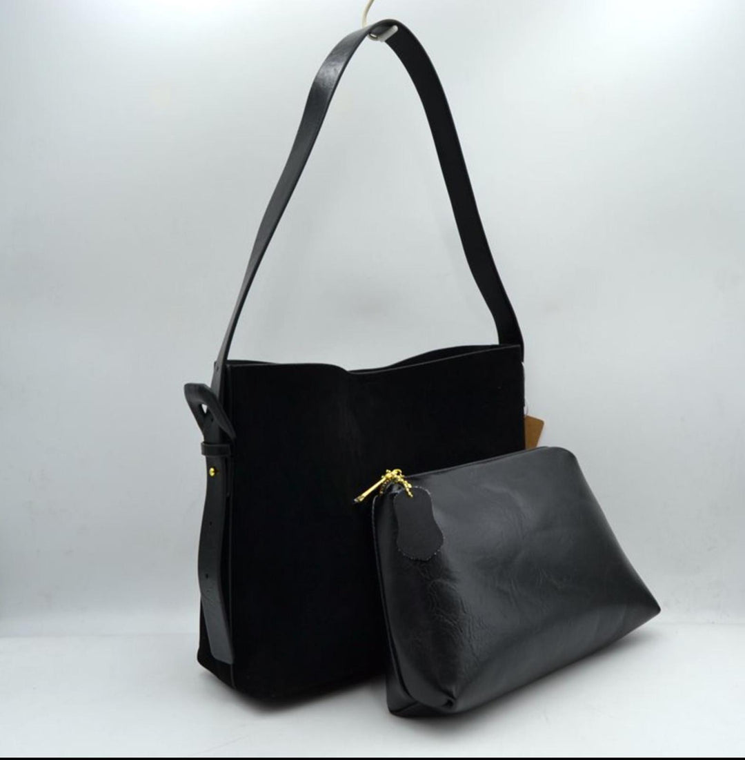 Black Suede 2-in-1 Tote Bag w/Pouch 6878 EMH1025