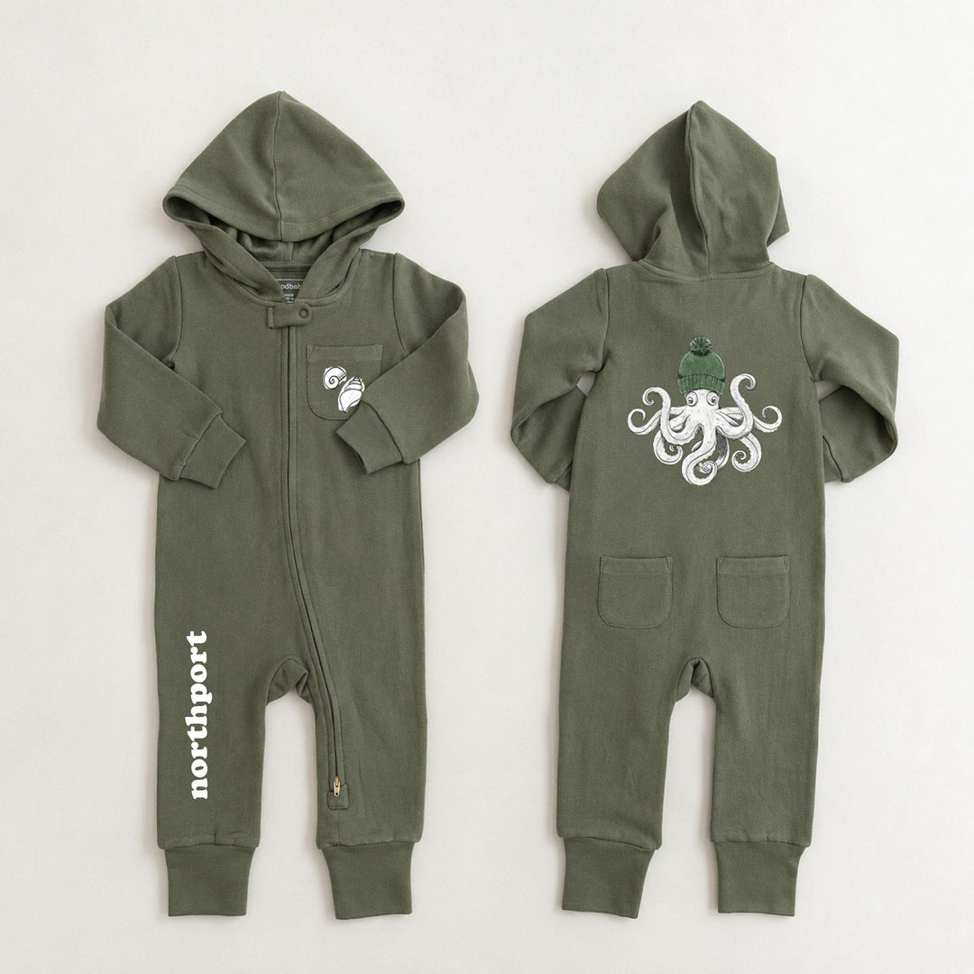 Organic Cozy Zipper Romper, Octopus/Northport LVB926