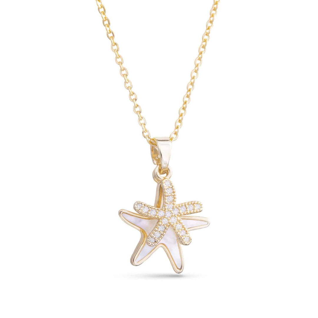 Mother of Pearl and CZ Double Starfish Necklace  ABC926