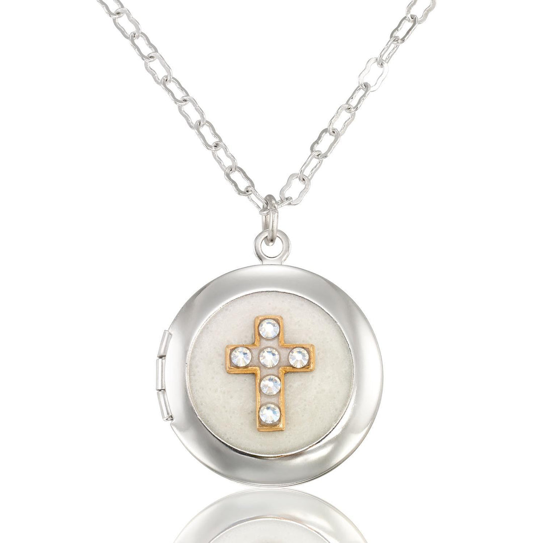 Faithful White Shimmering Crystal Cross Locket Necklace AKD926