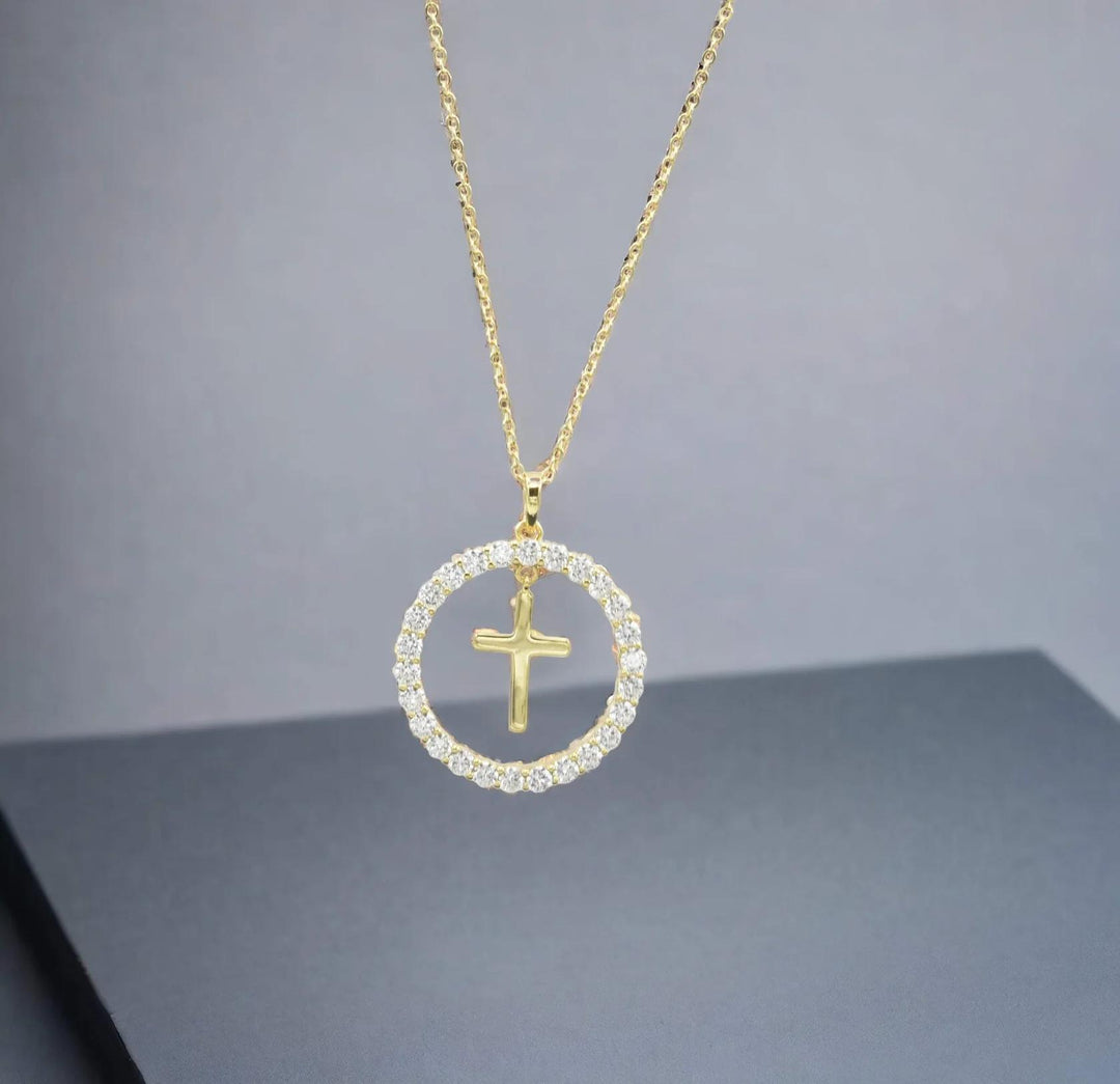 Gold Circular Pendant w/Cross Necklace LJW525