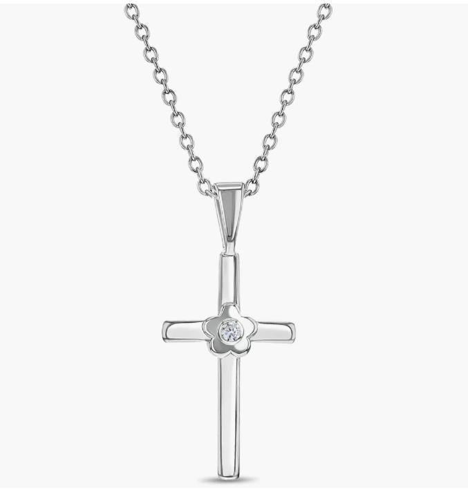 Flower CZ Cross Girls Necklace ISJ1025