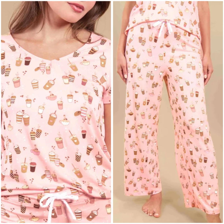Love At First Sip Pink Pajama V-Neck Top/Pants ABC926