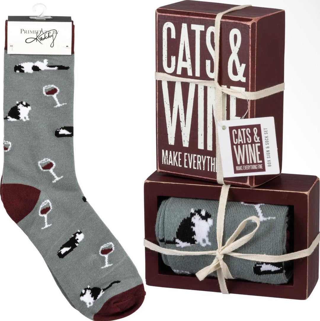 Cats & Wine Box Sign & Sock Set PBK1026