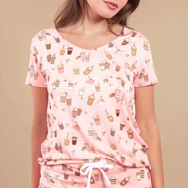 Love At First Sip Pink Pajama V-Neck Top ABC926