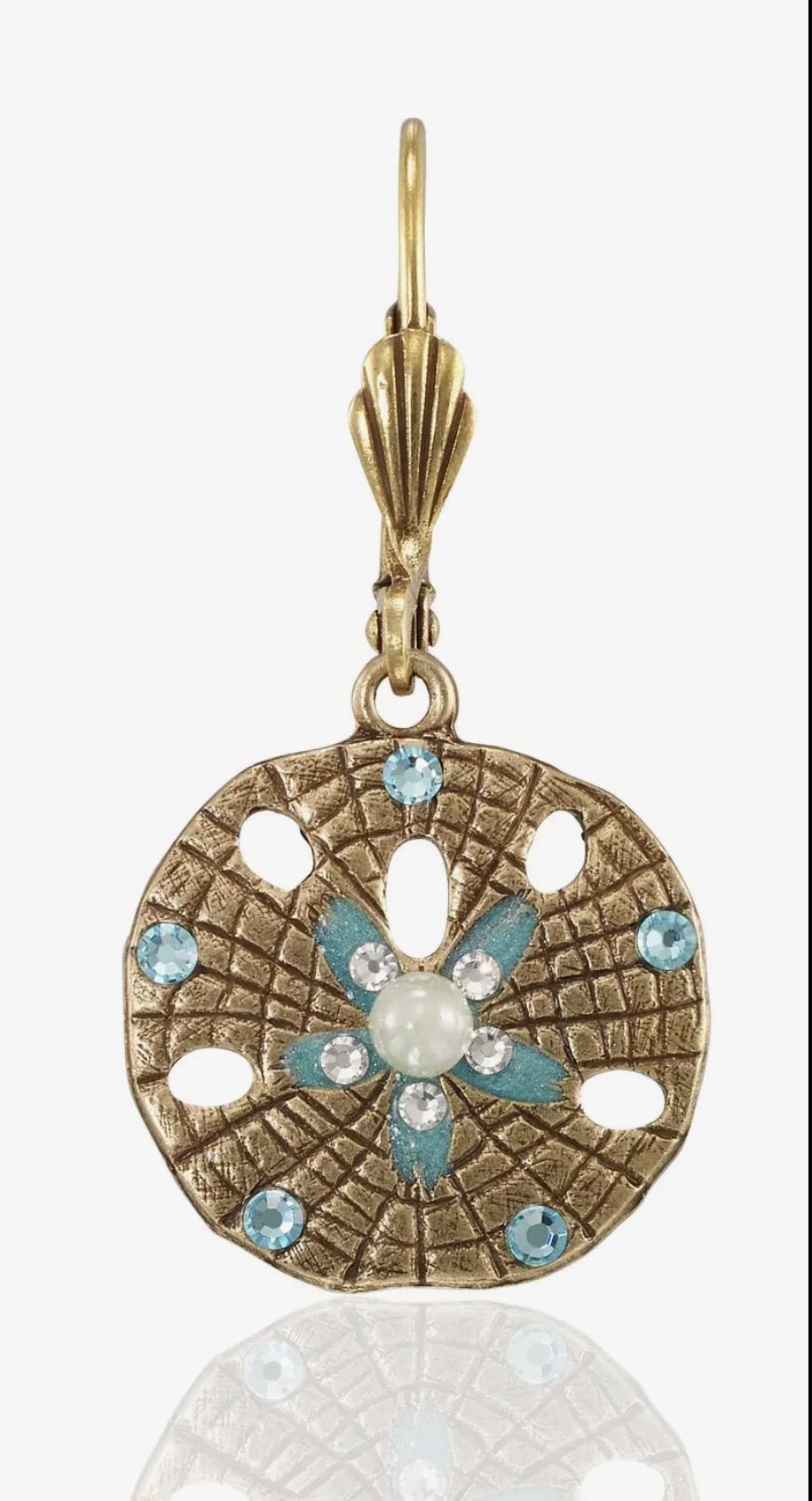 Sand Dollar Coastal Beach Treasure Pearl Crystal Earrings AKD526
