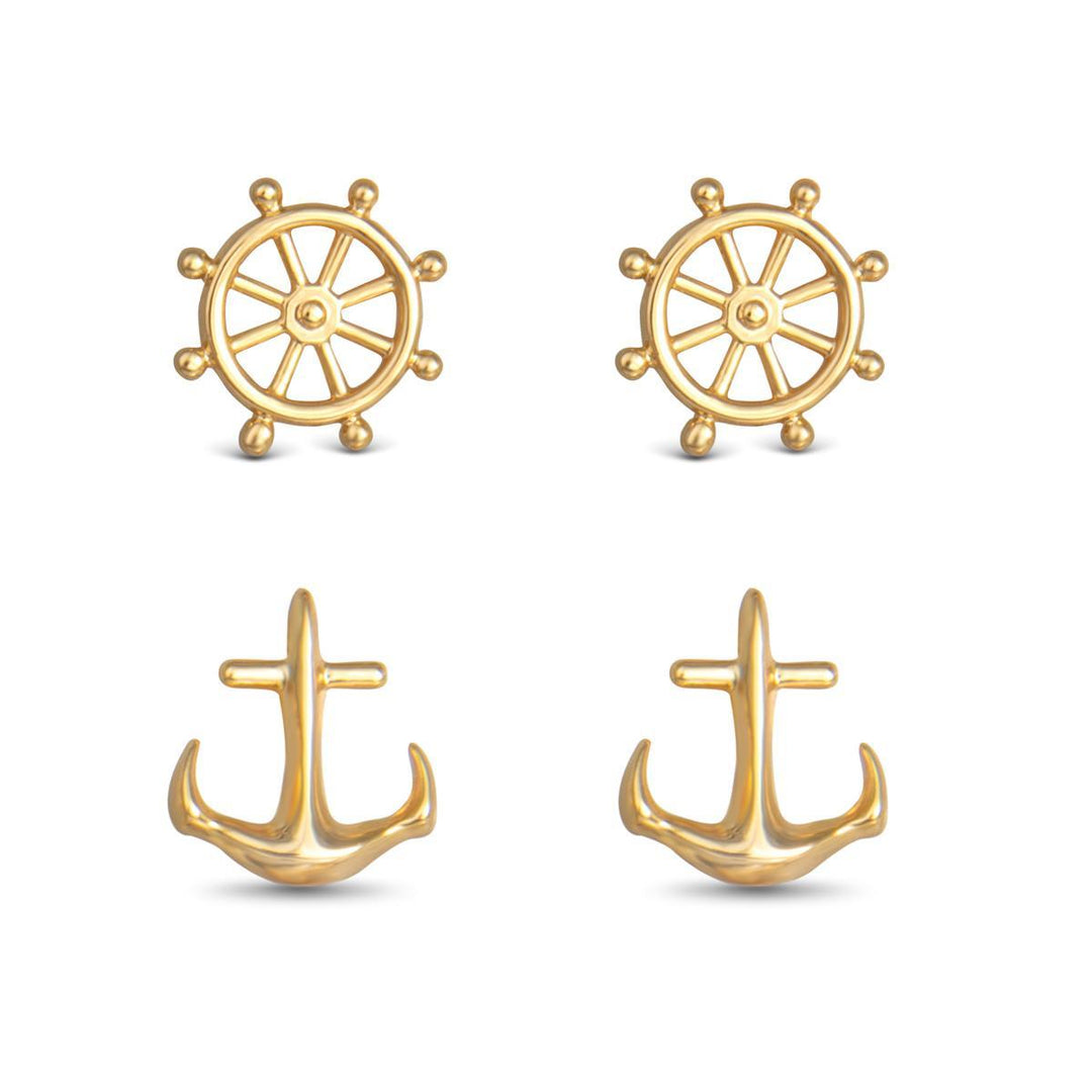 Ship Wheel and Anchor Duo Earring Set - Gold ABC526